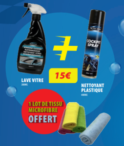 Lave vitre + nettoyant plastique + 1 lot de tissu microfibre offert